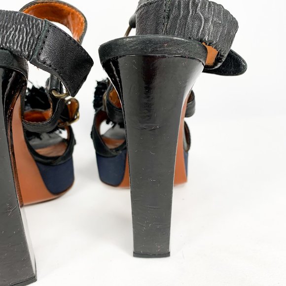 LANVIN Black Lametta Peep Toe Buckle Sandal Pumps - Picture 10 of 11